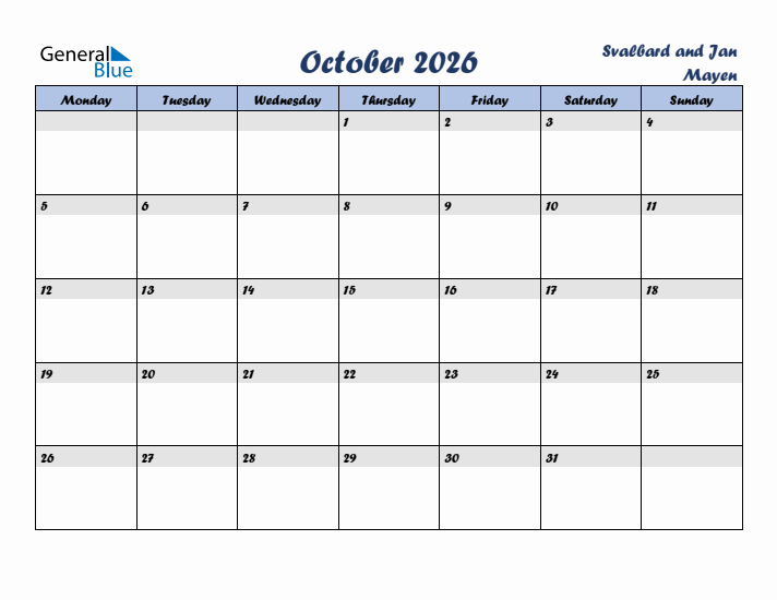 October 2026 Calendar with Holidays in Svalbard and Jan Mayen