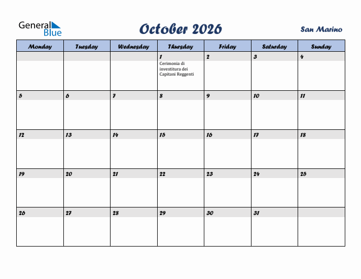 October 2026 Calendar with Holidays in San Marino