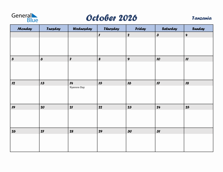 October 2026 Calendar with Holidays in Tanzania