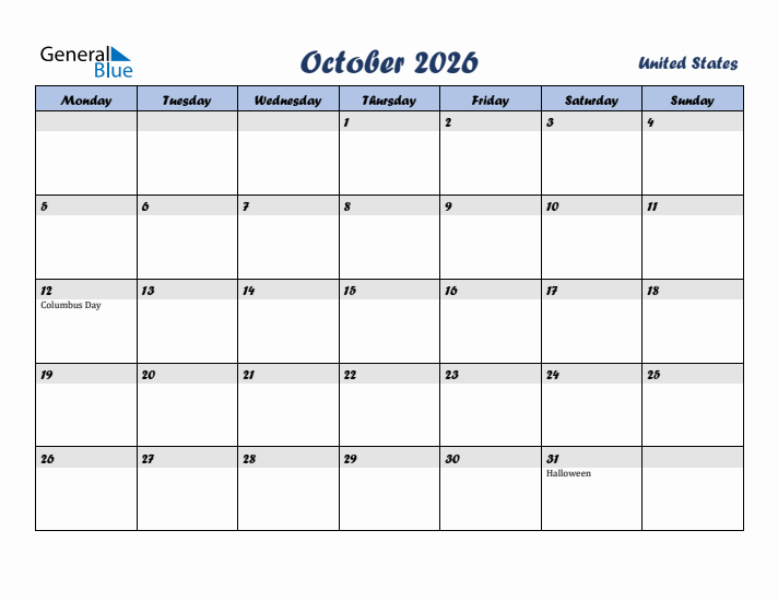 October 2026 Calendar with Holidays in United States