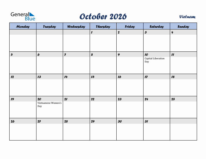 October 2026 Calendar with Holidays in Vietnam
