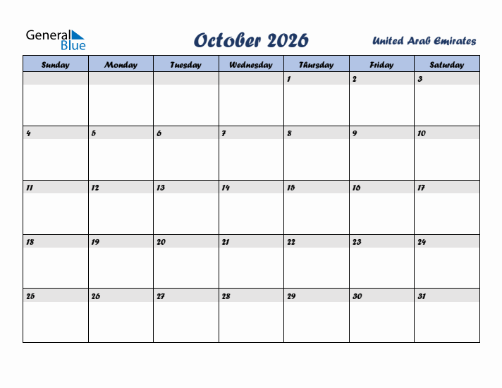October 2026 Calendar with Holidays in United Arab Emirates
