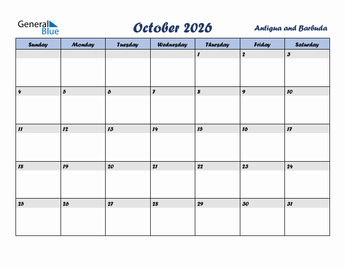 October 2026 Calendar with Holidays in Antigua and Barbuda