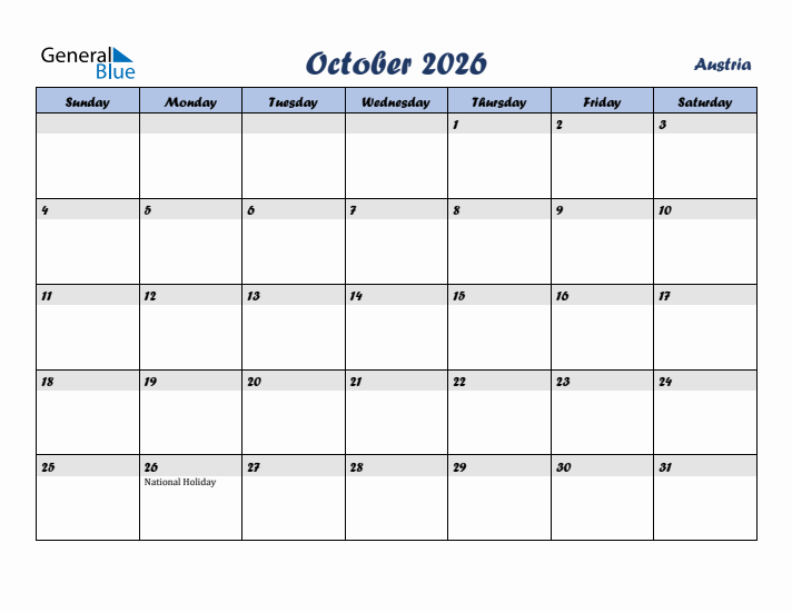 October 2026 Calendar with Holidays in Austria