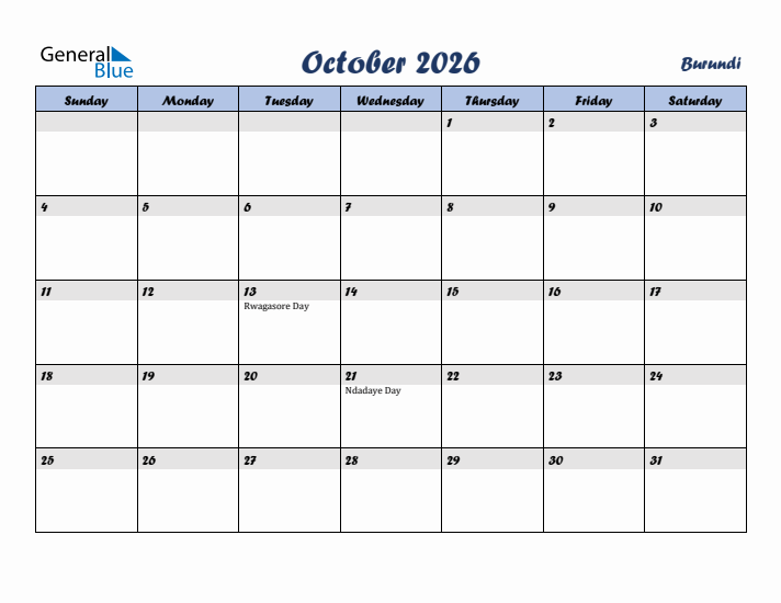 October 2026 Calendar with Holidays in Burundi