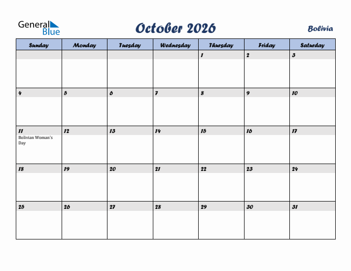 October 2026 Calendar with Holidays in Bolivia