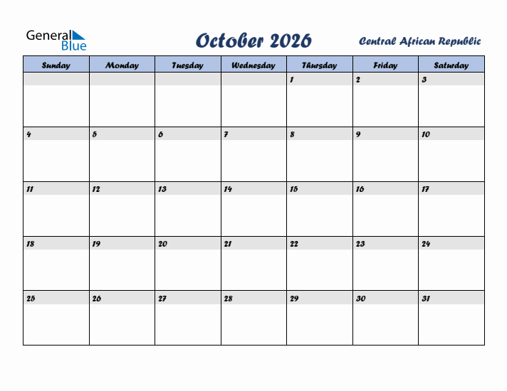 October 2026 Calendar with Holidays in Central African Republic