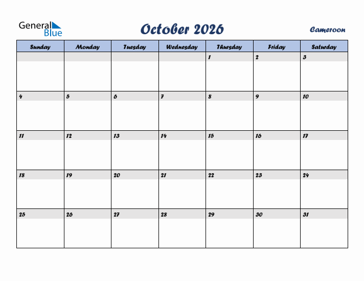 October 2026 Calendar with Holidays in Cameroon