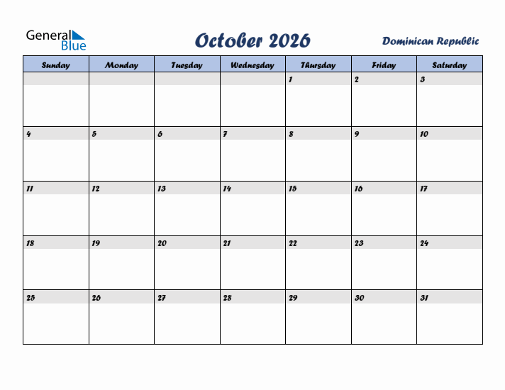 October 2026 Calendar with Holidays in Dominican Republic