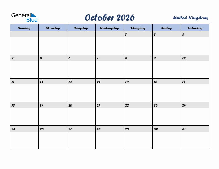 October 2026 Calendar with Holidays in United Kingdom