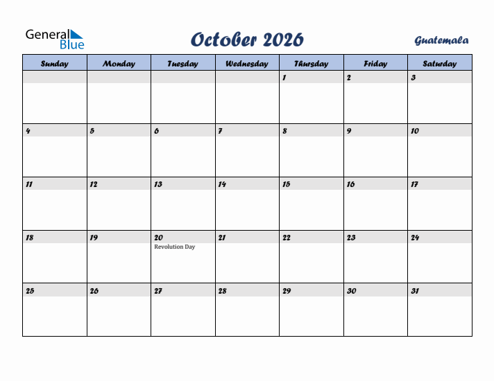 October 2026 Calendar with Holidays in Guatemala