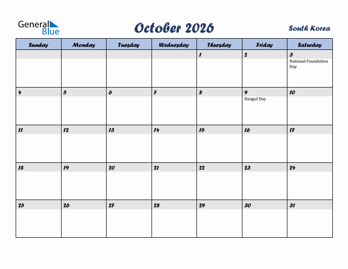 October 2026 Calendar with Holidays in South Korea