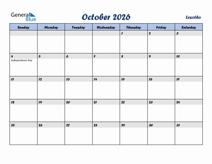 October 2026 Calendar with Holidays in Lesotho