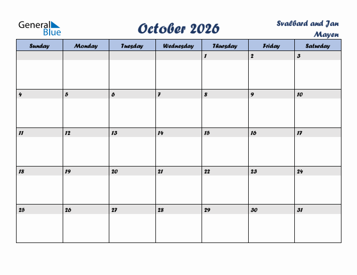 October 2026 Calendar with Holidays in Svalbard and Jan Mayen