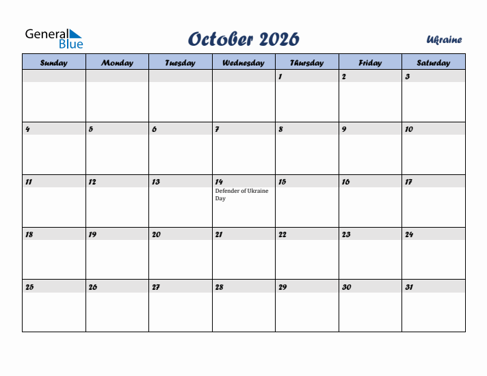 October 2026 Calendar with Holidays in Ukraine