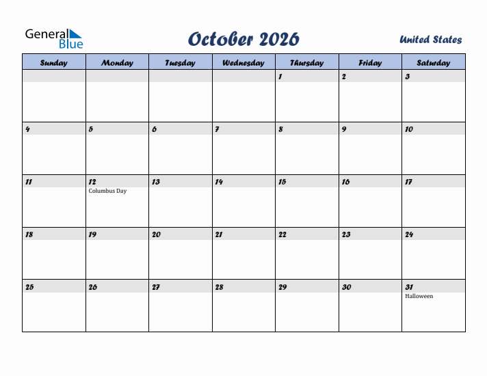 October 2026 Calendar with Holidays in United States