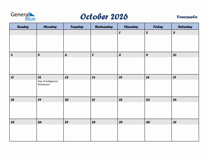 October 2026 Calendar with Holidays in Venezuela