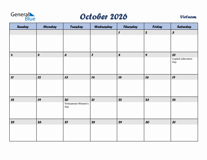 October 2026 Calendar with Holidays in Vietnam