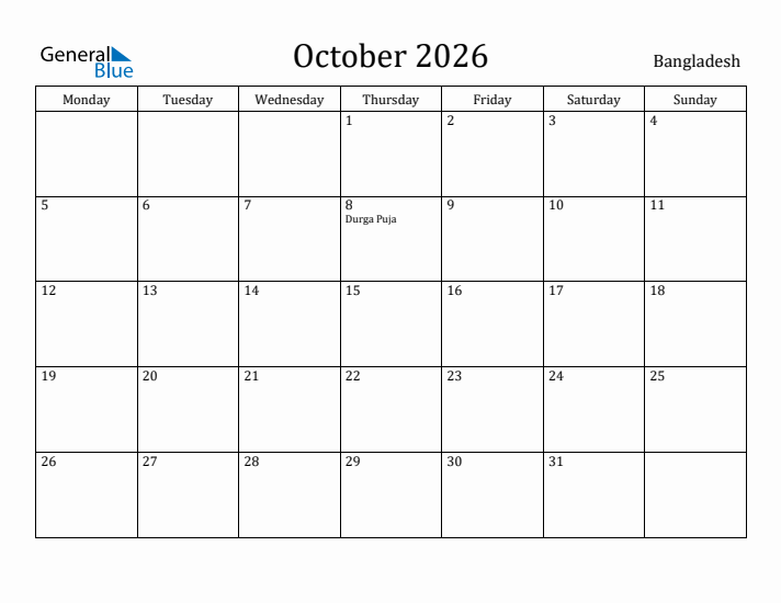 October 2026 Calendar Bangladesh