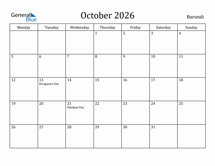 October 2026 Calendar Burundi
