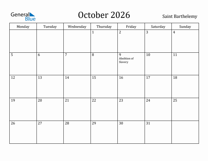October 2026 Calendar Saint Barthelemy
