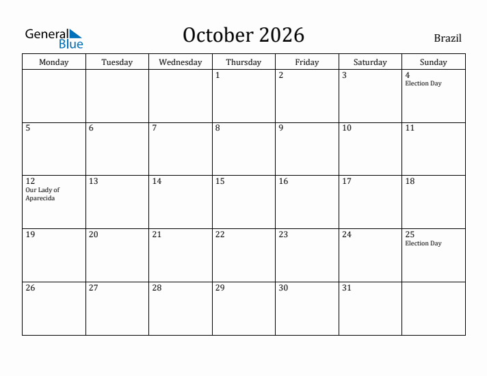 October 2026 Calendar Brazil