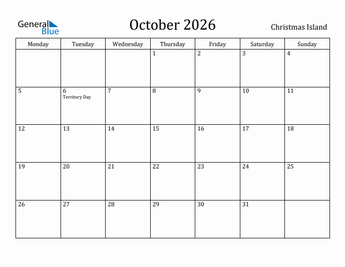 October 2026 Calendar Christmas Island