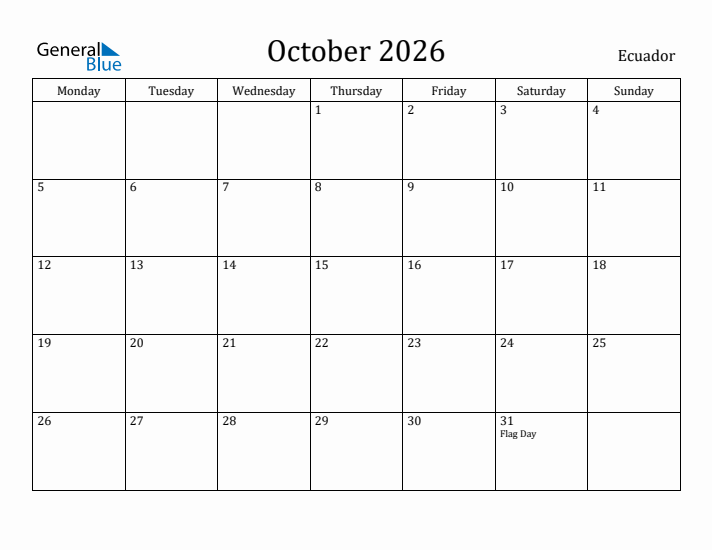 October 2026 Calendar Ecuador