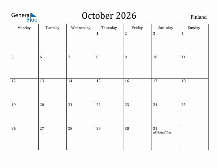 October 2026 Calendar Finland