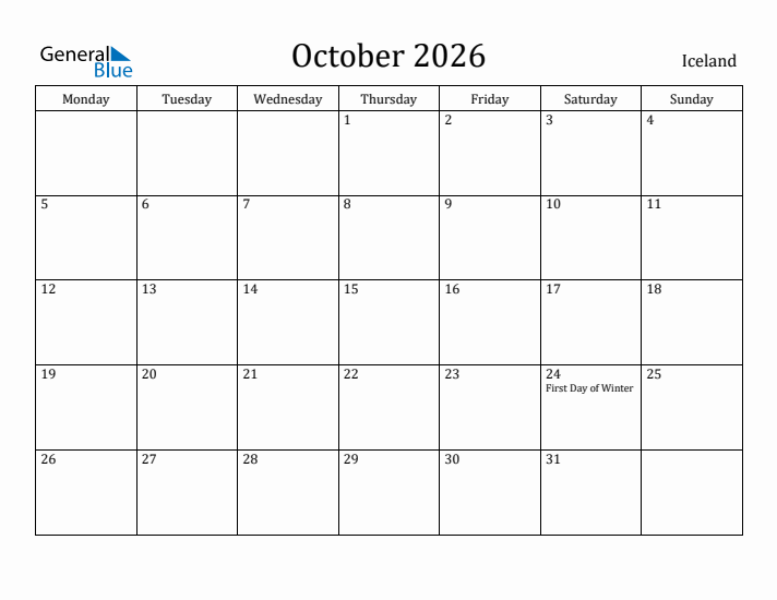 October 2026 Calendar Iceland