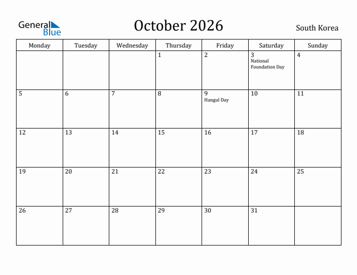 October 2026 Calendar South Korea