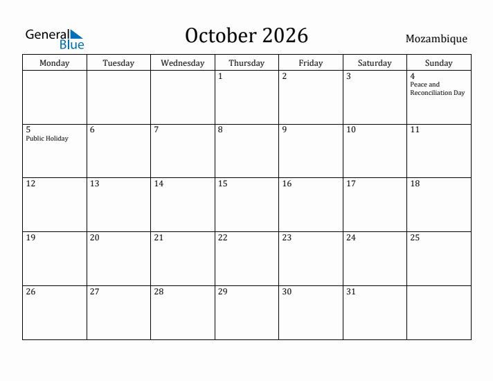 October 2026 Calendar Mozambique