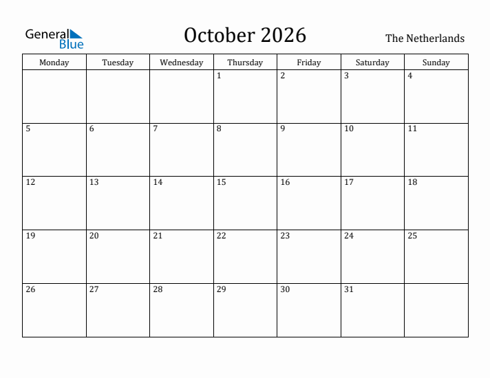 October 2026 Calendar The Netherlands