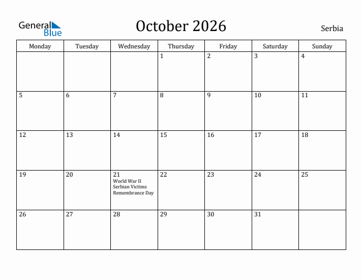 October 2026 Calendar Serbia