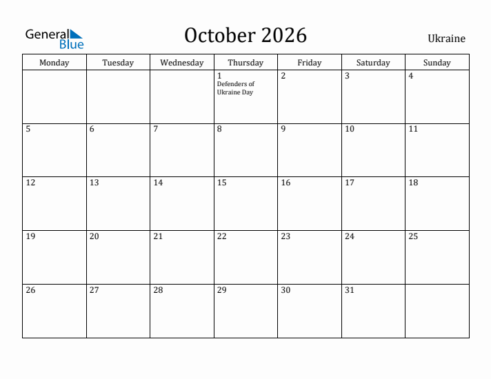 October 2026 Calendar Ukraine