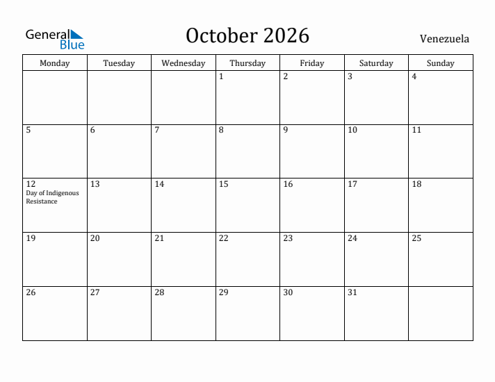 October 2026 Calendar Venezuela