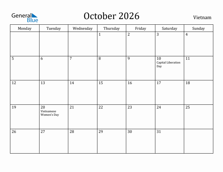October 2026 Calendar Vietnam