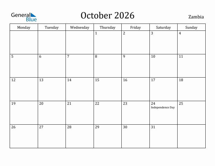 October 2026 Calendar Zambia