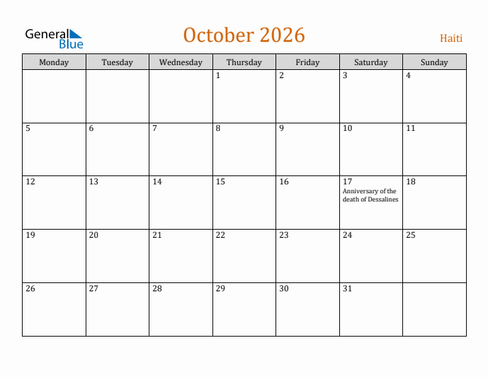 October 2026 Holiday Calendar with Monday Start