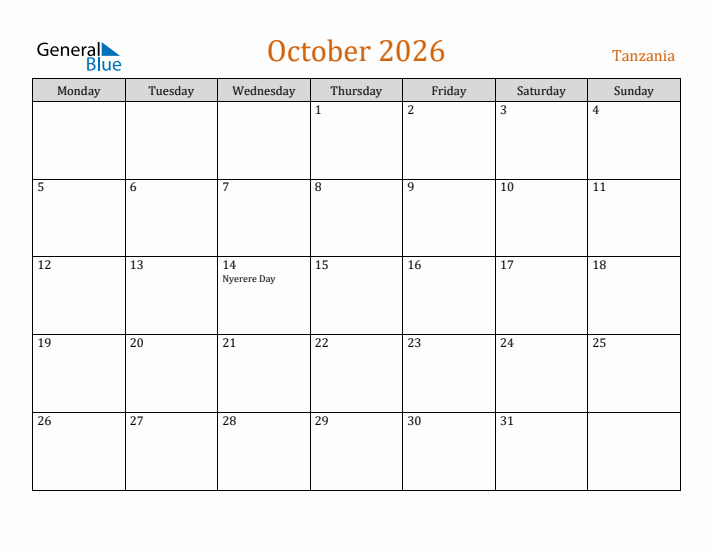 October 2026 Holiday Calendar with Monday Start
