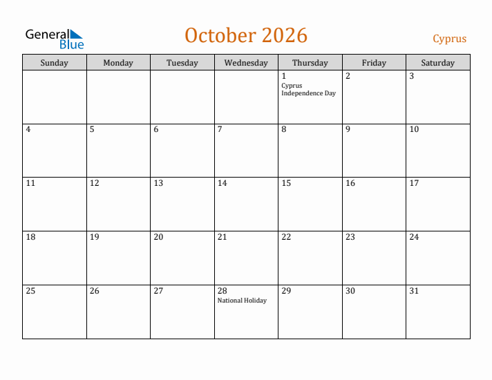 October 2026 Holiday Calendar with Sunday Start