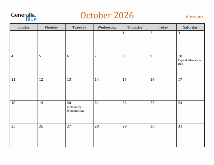 October 2026 Holiday Calendar with Sunday Start