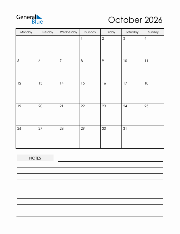 Printable Calendar with Notes - October 2026 