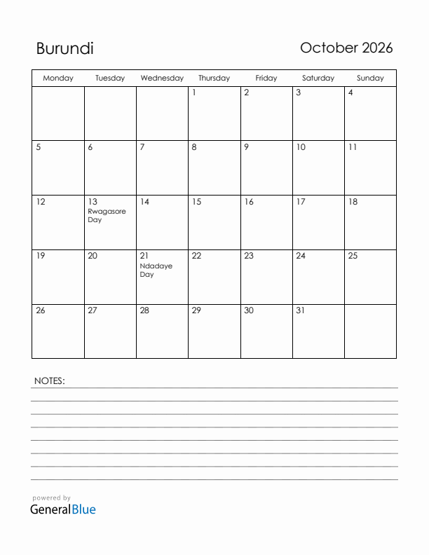 October 2026 Burundi Calendar with Holidays (Monday Start)