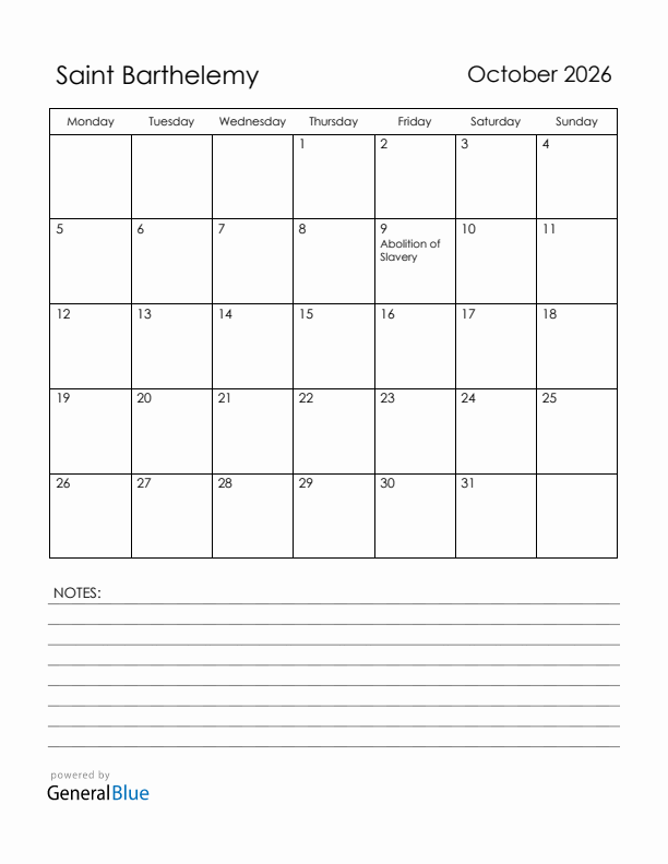 October 2026 Saint Barthelemy Calendar with Holidays (Monday Start)