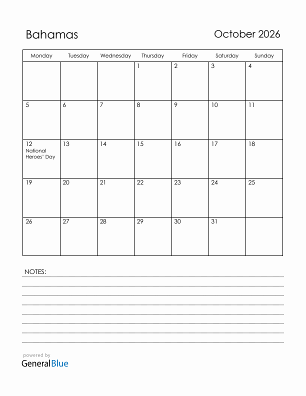 October 2026 Bahamas Calendar with Holidays (Monday Start)