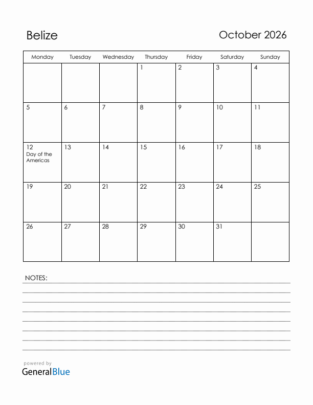 October 2026 Belize Calendar with Holidays (Monday Start)