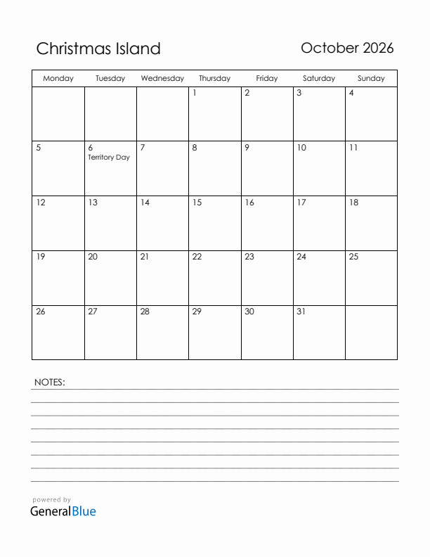 October 2026 Christmas Island Calendar with Holidays (Monday Start)