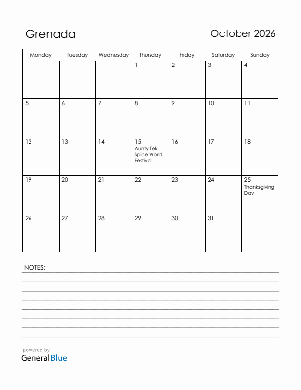 October 2026 Grenada Calendar with Holidays (Monday Start)