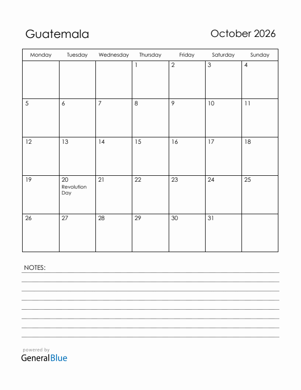 October 2026 Guatemala Calendar with Holidays (Monday Start)